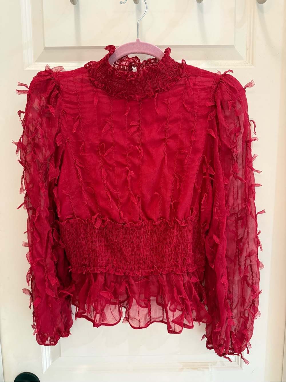 Zara Red Textured Ruffle High Neck Long Sleeve Blouse s